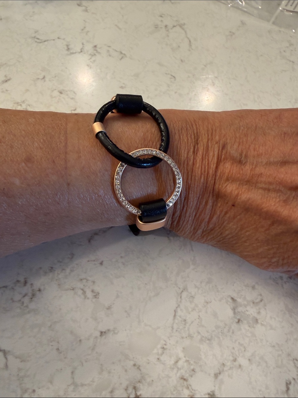 Black Leather Bracelet with Crystal Ring Accent - NWOT - magnetic closure